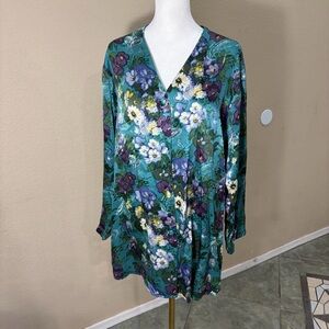 Silk Florals Sleep Shirt Womens Sz S Blue Comfy Casual Louging Vacay Boho Whimsi